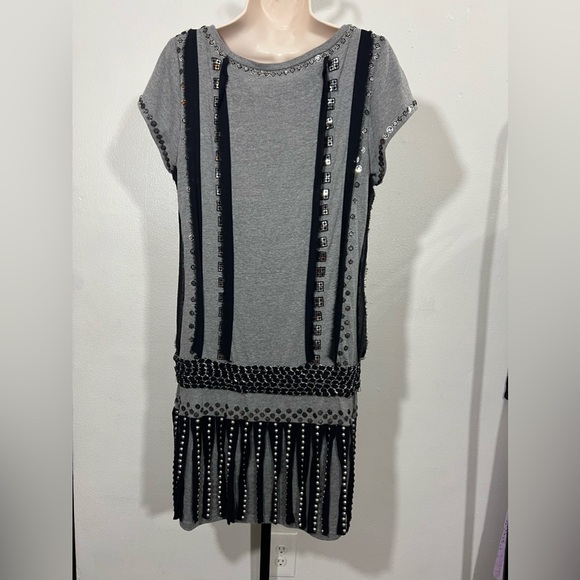 Jovani M145 Fringe Short Dress Cocktail crew neck grey and black size 14 dress - Picture 9 of 13